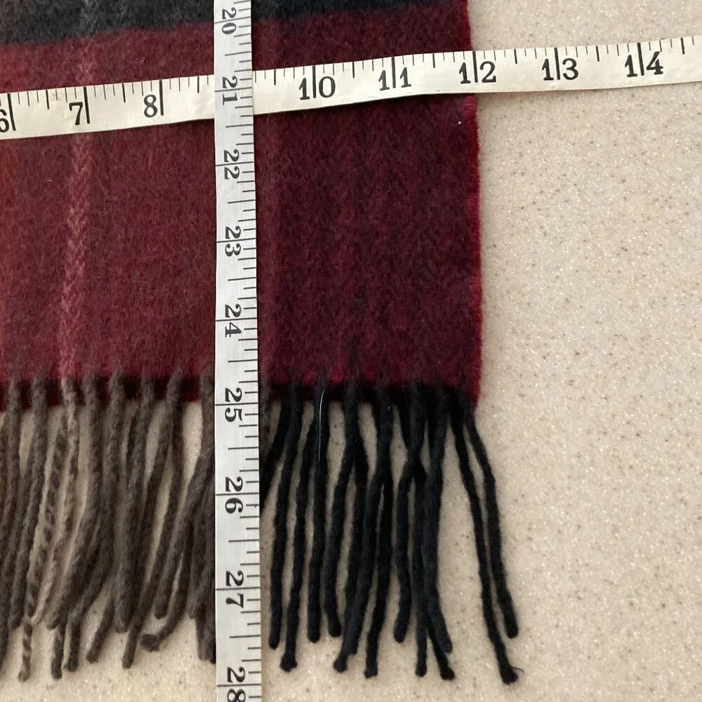 100% Cashmere Long Scarf Black Gray Maroon Plaid EUC
